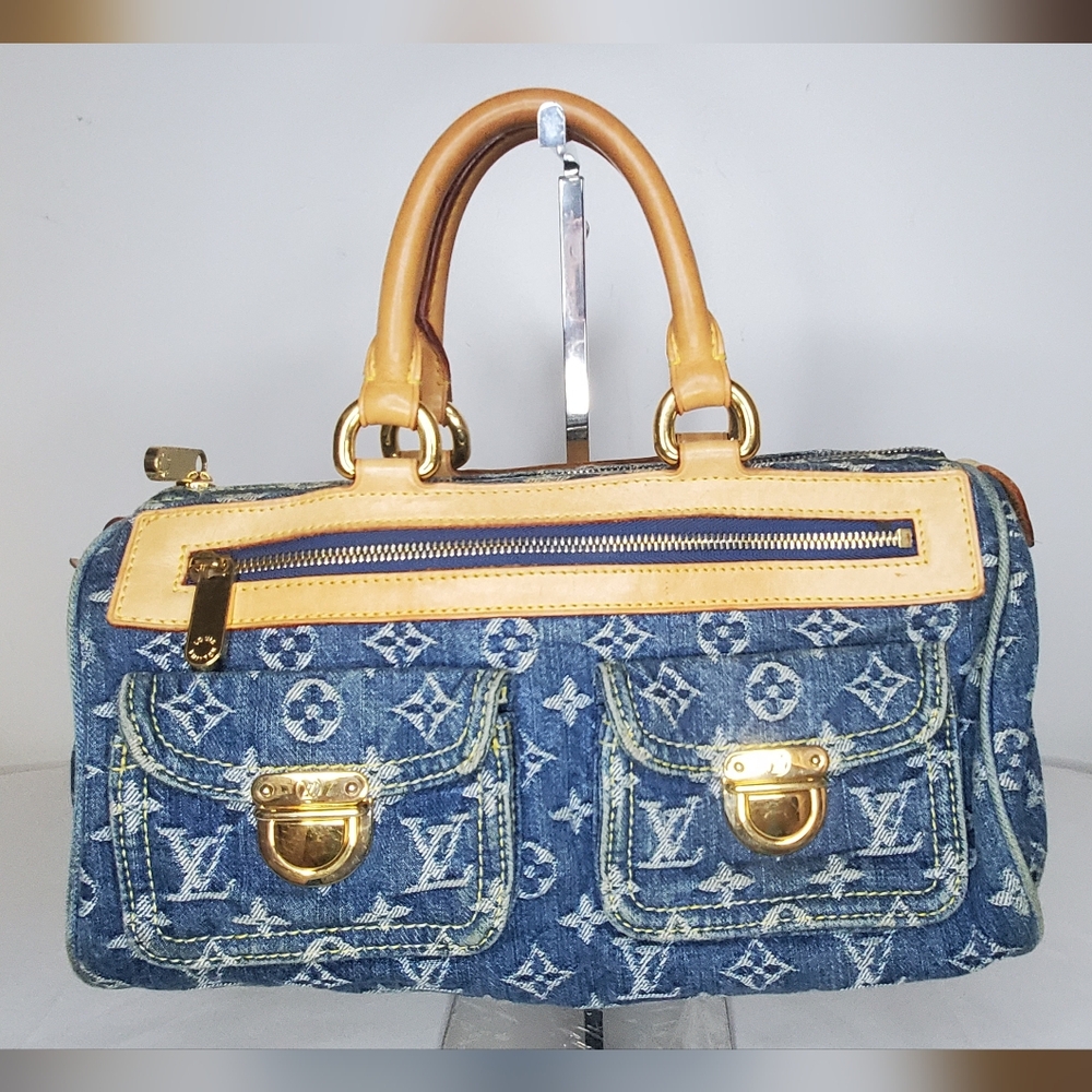Louis Vuitton Monogram Denim Neo Speedy Blue and Tan Leather Handbag - Picture 1 of 16
